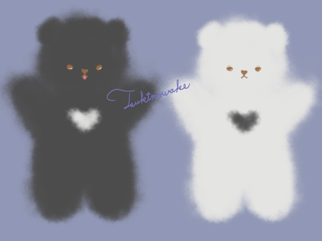 黒と白のふわふわの熊が描かれたイラスト